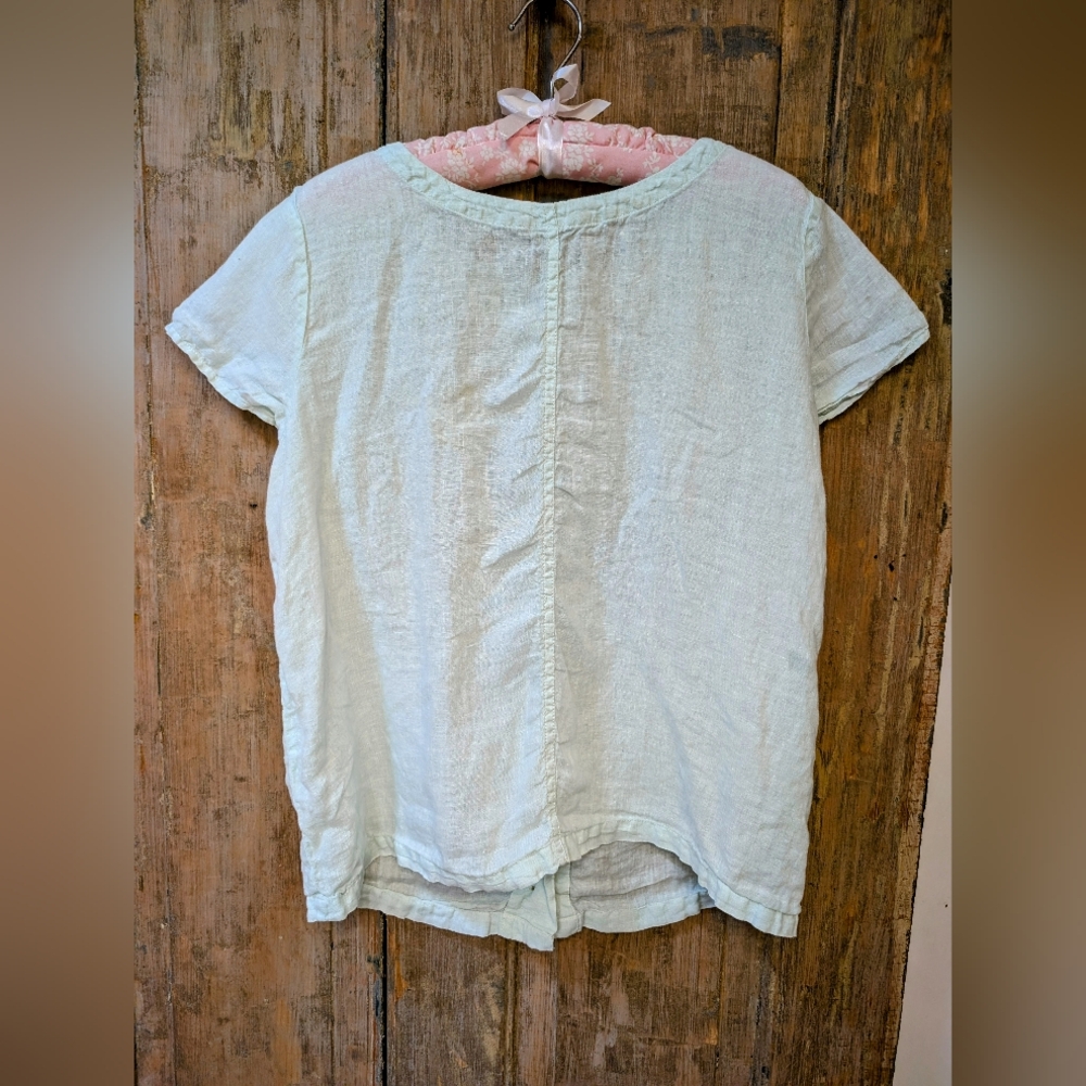 Pale sea glass green linen shirt with buttons up the back